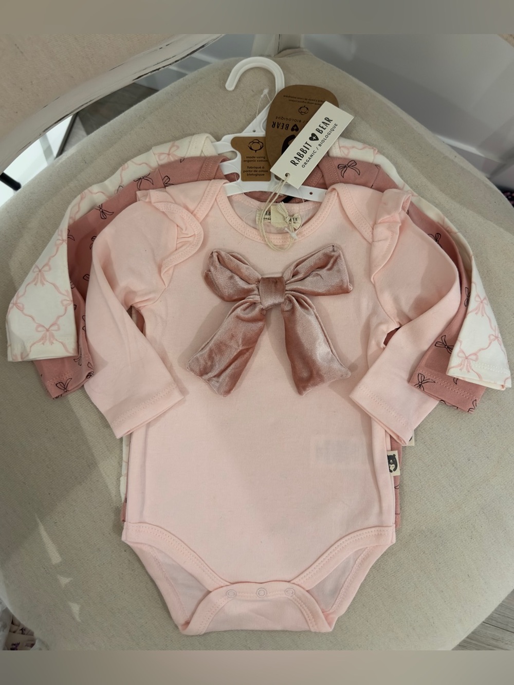 💗 6~9 Mth Organic Cotton Pink Bow Pattern Baby Girl Onesies Pack of 3 NWT